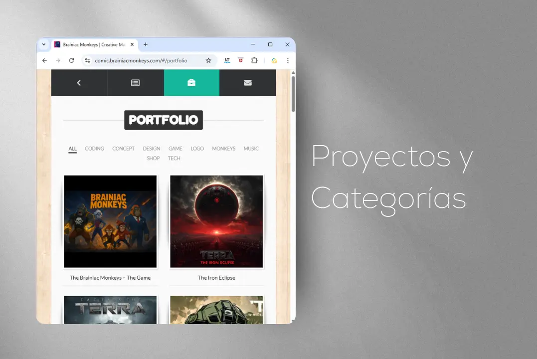 Sección Proyectos y Categorias de historias